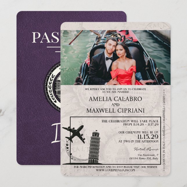 Faire-part de mariage de passeport Violet Italie (Devant / Derrière)