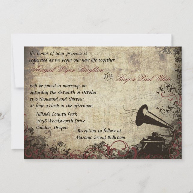 Faire-part de mariage de phonographe vintage (Devant)