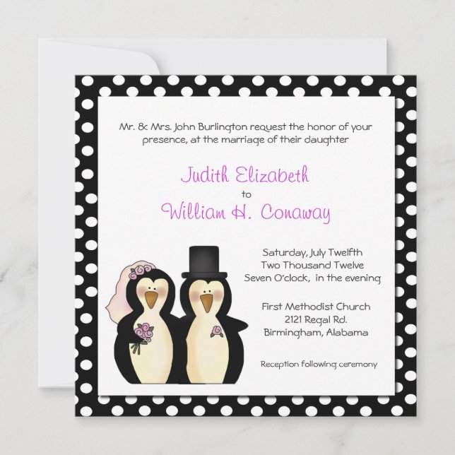 Faire-part de mariage de pingouins mignons (Devant)