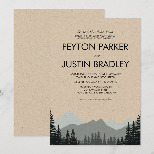 Faire-part de mariage de pins rustiques (Devant / Derrière)