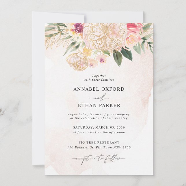 Faire-part de mariage de pivoines et de fleurs d'o (Devant)