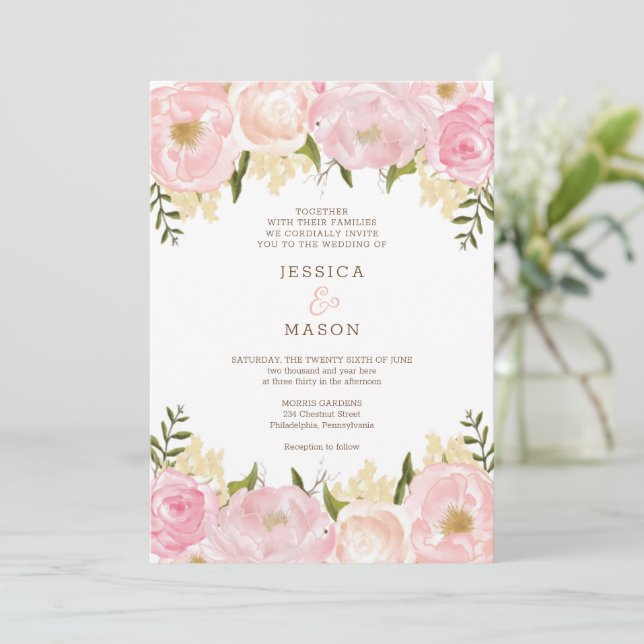 Faire-part de mariage de pivoines florales roses (Debout devant)