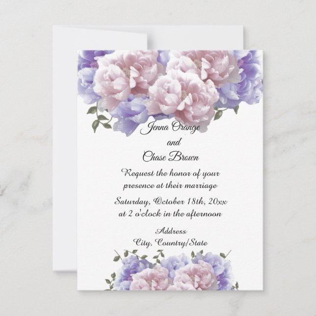 Faire-part de mariage de pivoines roses et violett (Devant)