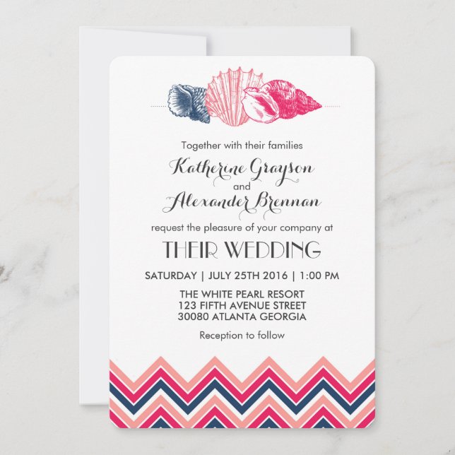 Faire-part de mariage de plage coquillages Chevron (Devant)