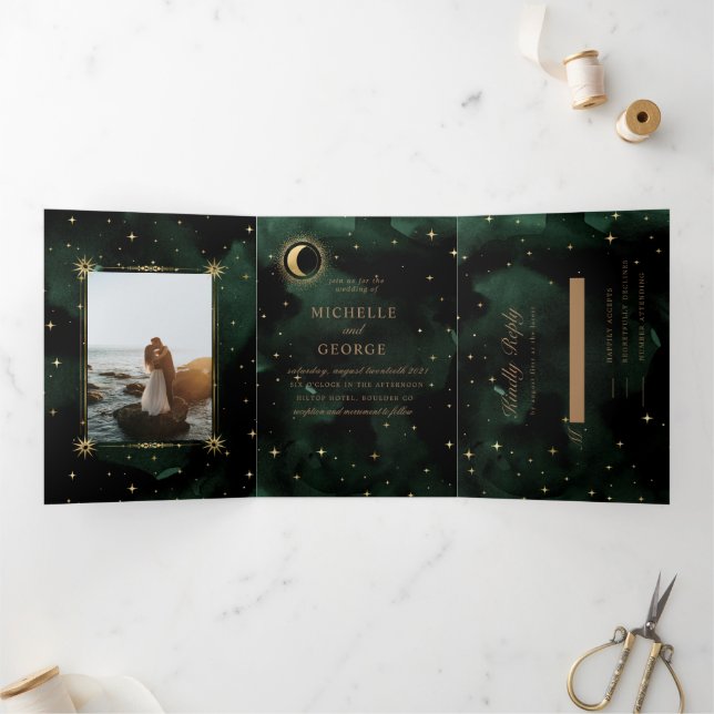 Faire-part de mariage de pliage à trois lune d'or  (Intérieur)