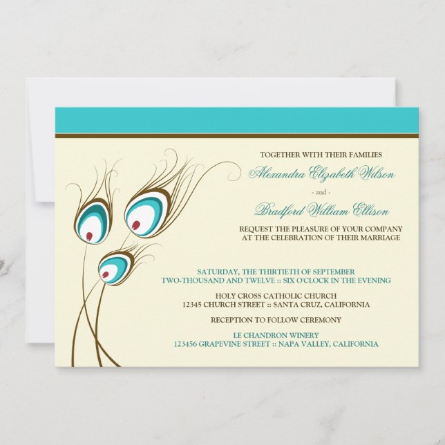 Faire-part de mariage de plumes de paon (aqua) (Devant)