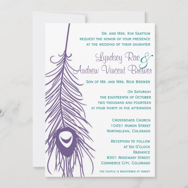 Faire-part de mariage de plumes de paquetage (Devant)