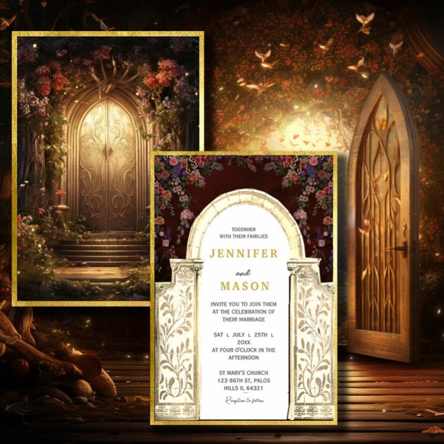 Faire-part de mariage de porte de jardin enchanté (Enchanted Garden Gate Wedding Invitation #zazzlemade #dreamyinvitation#zazzlefinds #vintagefairytale)