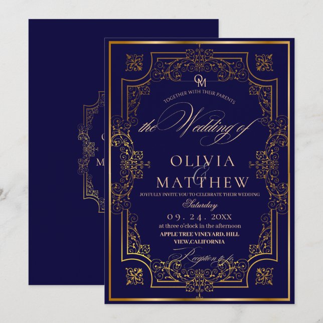 Faire-part de mariage de script bleu or chic (Devant / Derrière)