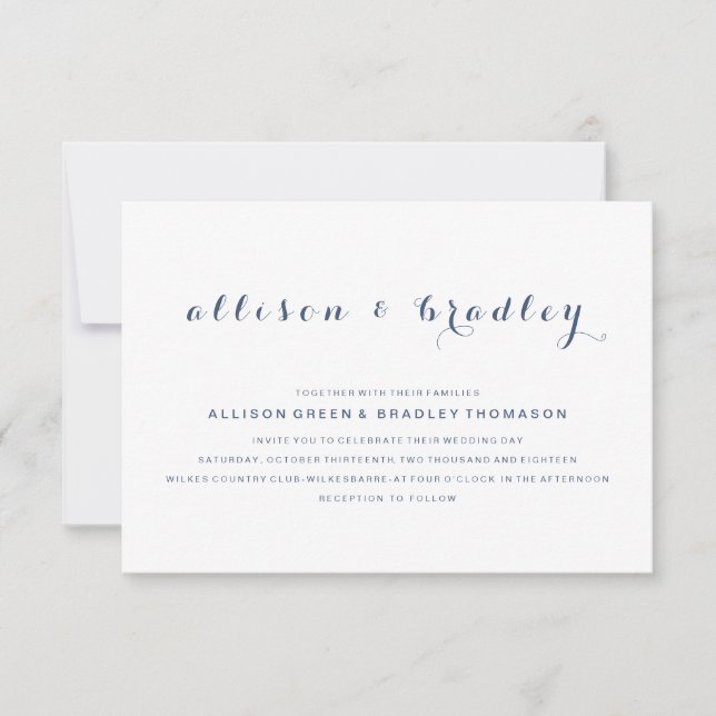 Faire-part de mariage de script Dusty Navy personn (Devant)