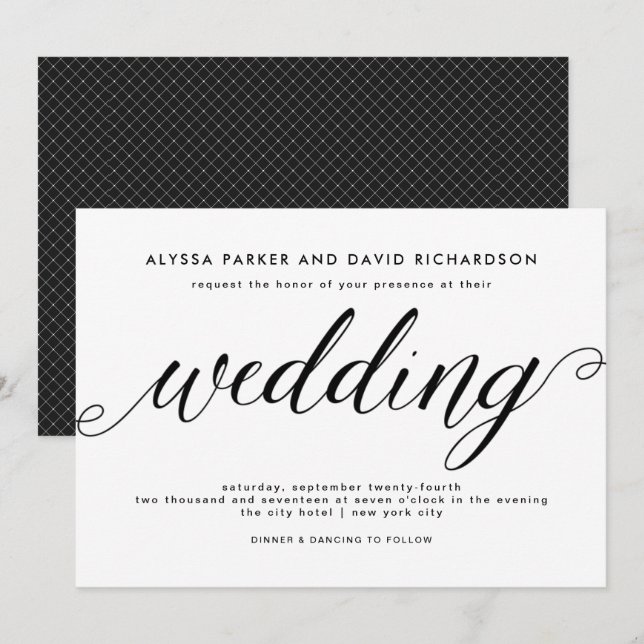 Faire-part de mariage de script élégant noir et bl (Devant / Derrière)
