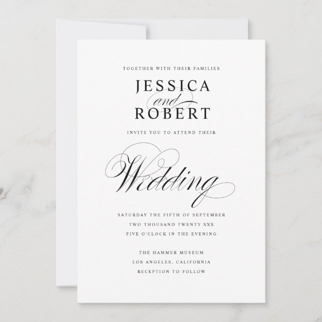 Faire-part de mariage de script élégant noir et bl (Devant)