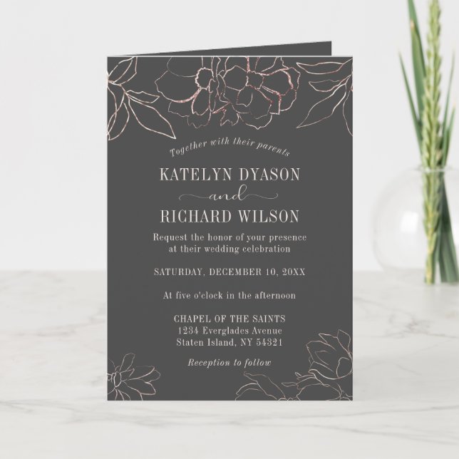 Faire-part de mariage de silhouette florale d'or r (Devant)