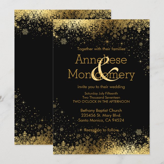 Faire-part de mariage de snowflakes Black & Gold h (Devant / Derrière)
