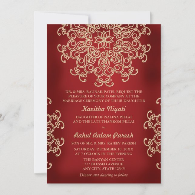 FAIRE-PART DE MARIAGE DE STYLE INDIEN ROUGE ET OR (Devant)