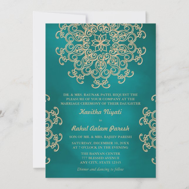 FAIRE-PART DE MARIAGE DE STYLE INDIEN turquoise ET (Devant)