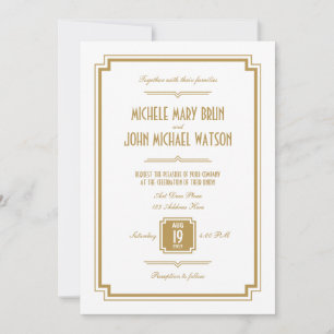 Faire-part de mariage de texte Art déco Gold White