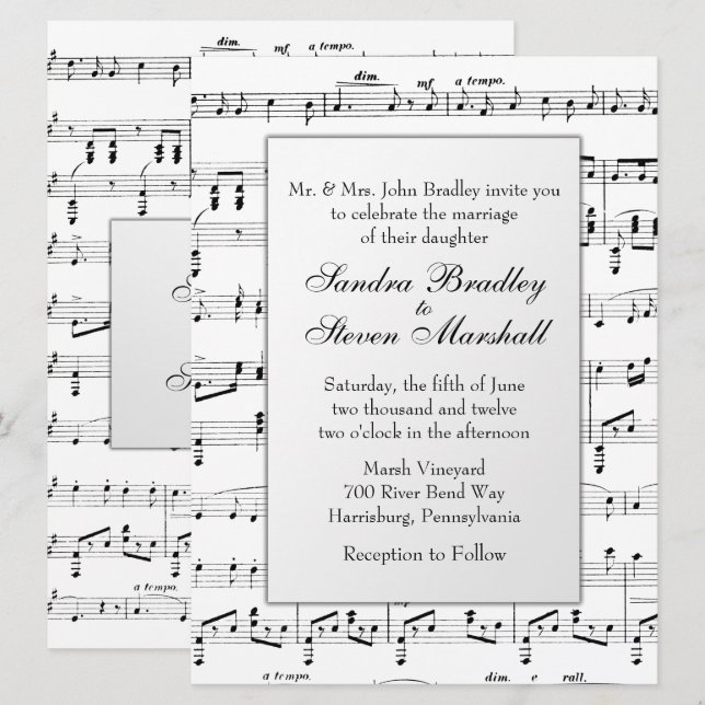 Faire-part de mariage de thème de musique en feuil (Devant / Derrière)