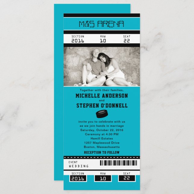 Faire-part de mariage de ticket de hockey sur aqua (Devant / Derrière)