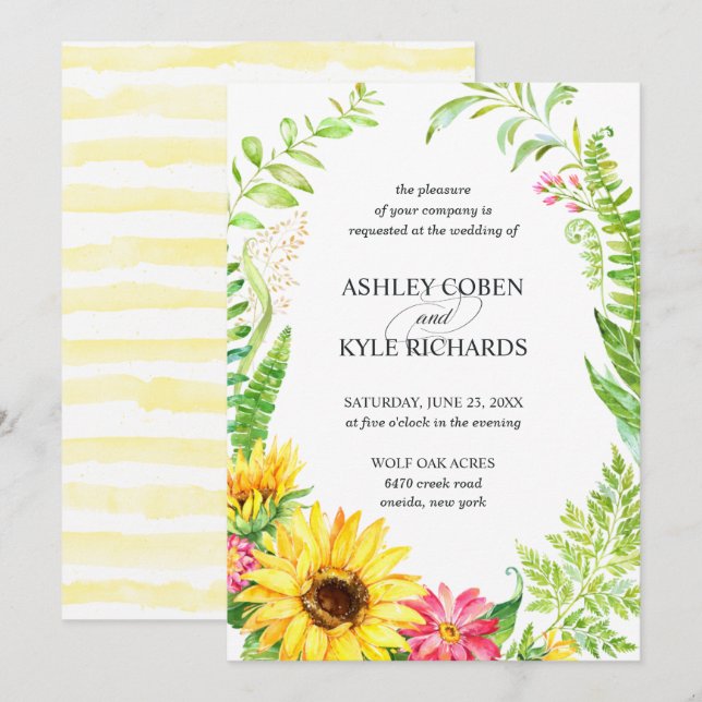 Faire-part de mariage de tournesol à cadre fleuri (Devant / Derrière)