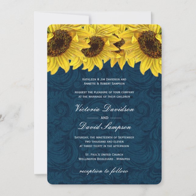 Faire-part de mariage de tournesol de bleu marine (Devant)