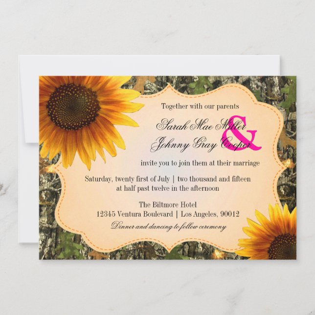 Faire-part de mariage de tournesol de Camo et d'Or (Devant)