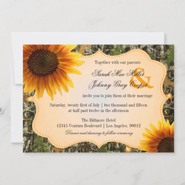 Faire-part de mariage de tournesol de Camo et d'Or (Devant)