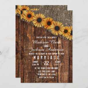 Faire-part de mariage de tournesol en bois rustiqu
