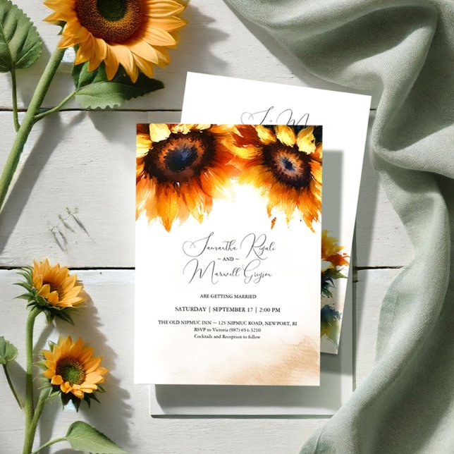 Faire-part de mariage de tournesol jaune (Sunflower wedding invitations additional information on the back modern rustic stationery)