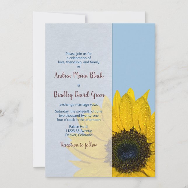 Faire-part de mariage de tournesol jaune bleu pâle (Devant)