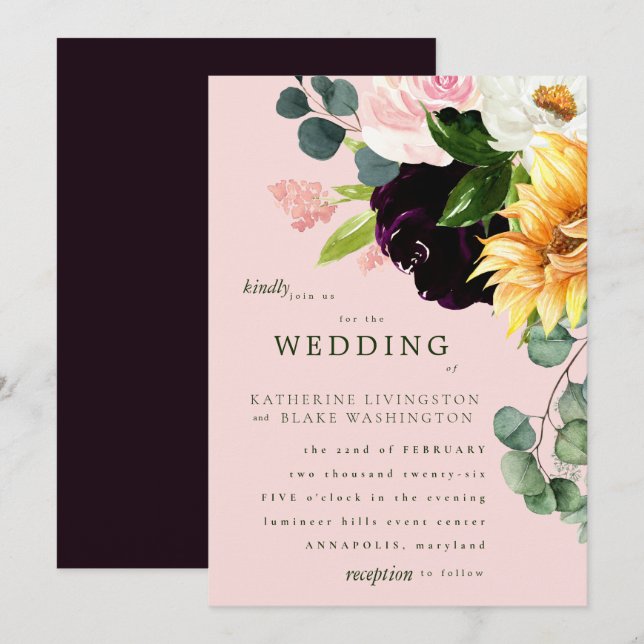 Faire-part de mariage de tournesol roux et bordeau (Devant / Derrière)