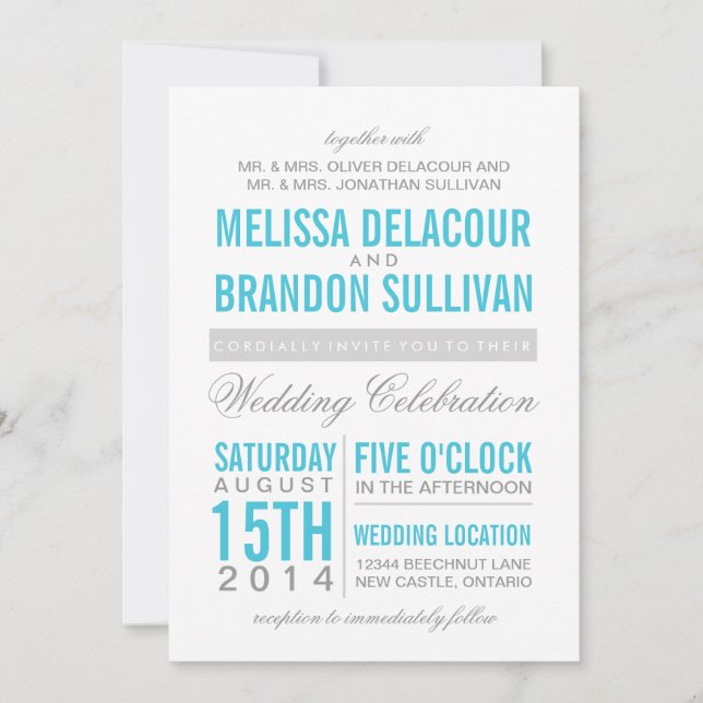 Faire-part de mariage de typographie moderne Turqu (Devant)