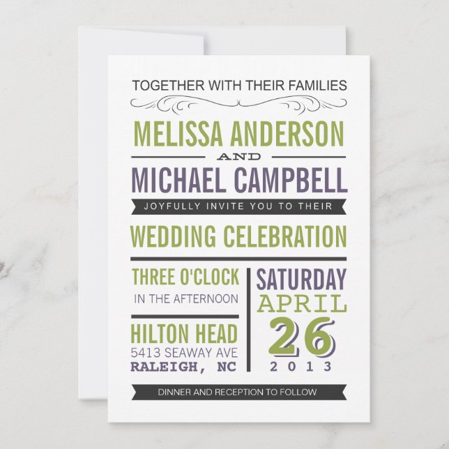 Faire-part de mariage de typographie violette et v (Devant)