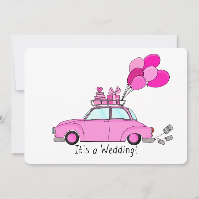 Faire-part de mariage de voiture Cartoon rose (Devant)