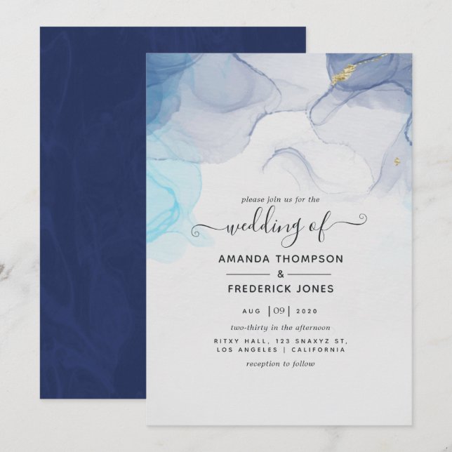 Faire-part de mariage d'encre d'alcool bleu et or (Devant / Derrière)