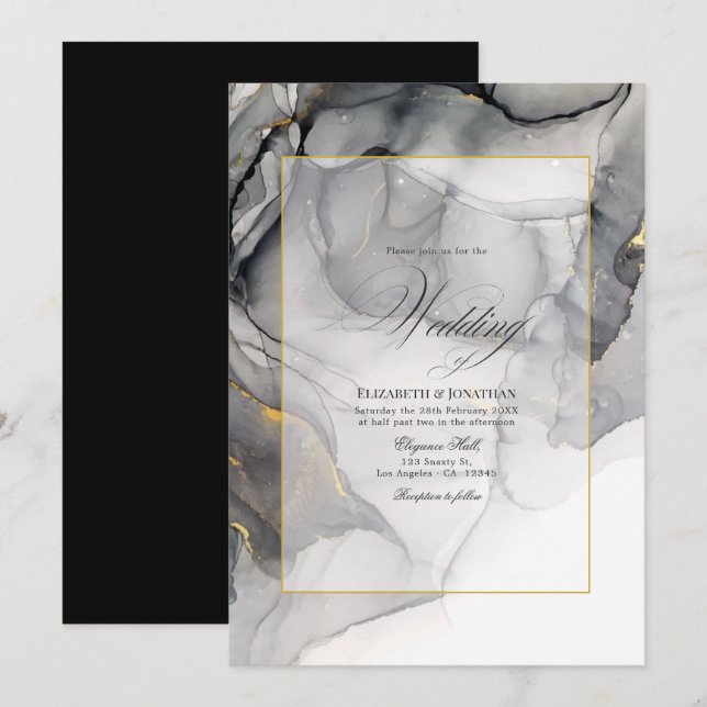 Faire-part de mariage d'encre d'alcool noir et or (Devant / Derrière)