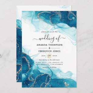 Faire-part de mariage d'encre d'alcool turquoise e