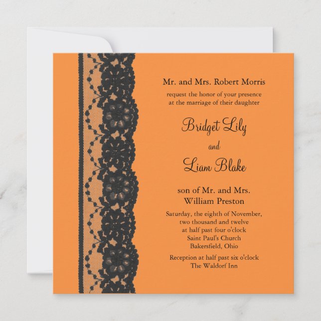 Faire-part de mariage dentelle française (orange) (Devant)