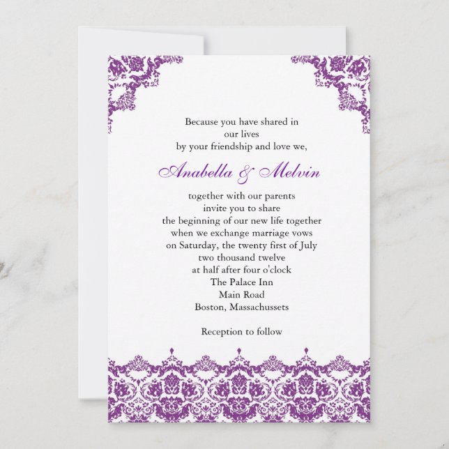 Faire-part de mariage dentelle violette (Devant)
