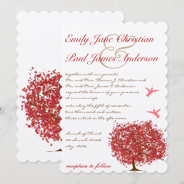 Faire-part de mariage des colibris de l'arbre roug (Devant / Derrière)