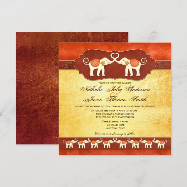 Faire-part de mariage des éléphants blancs indiens (Devant / Derrière)
