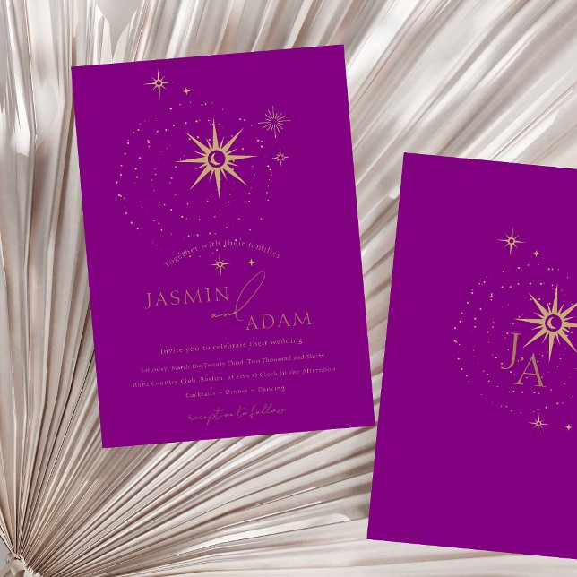 Faire-part de mariage des étoiles noires violettes (Celestial Purple Black Stars Wedding Invitation)