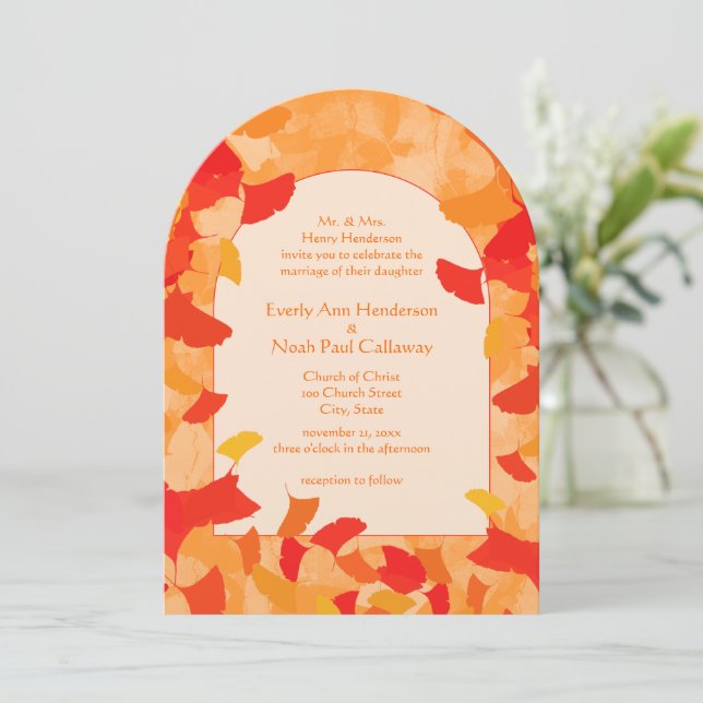 Faire-part de mariage des feuilles rouges orange (Debout devant)