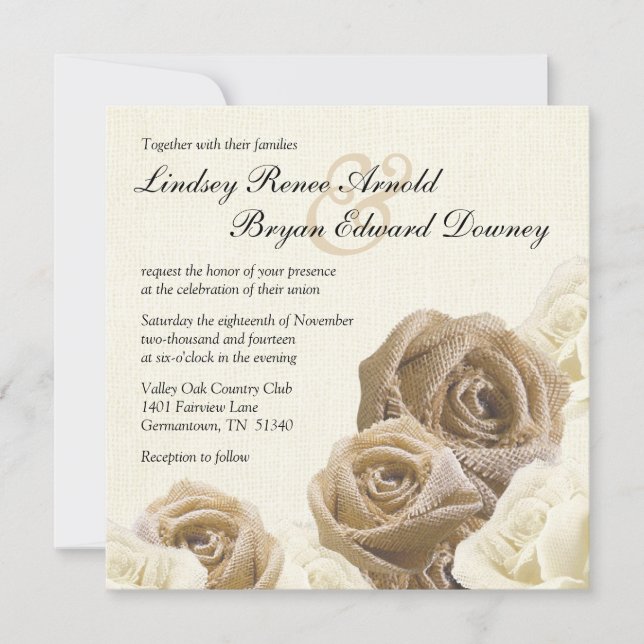 Faire-part de mariage des fleurs de Rose de Burlap (Devant)
