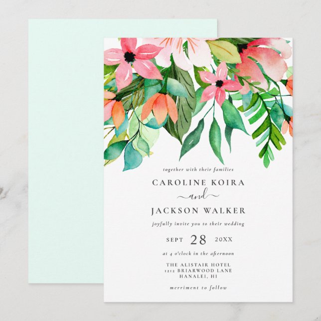 Faire-part de mariage des fleurs tropicales (Devant / Derrière)