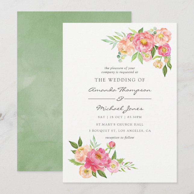 Faire-part de mariage des pivoines de l'aquarelle  (Devant / Derrière)