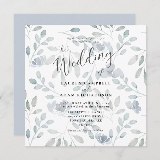Faire-part de mariage d'Eucalyptus bleu floral rus (Devant / Derrière)