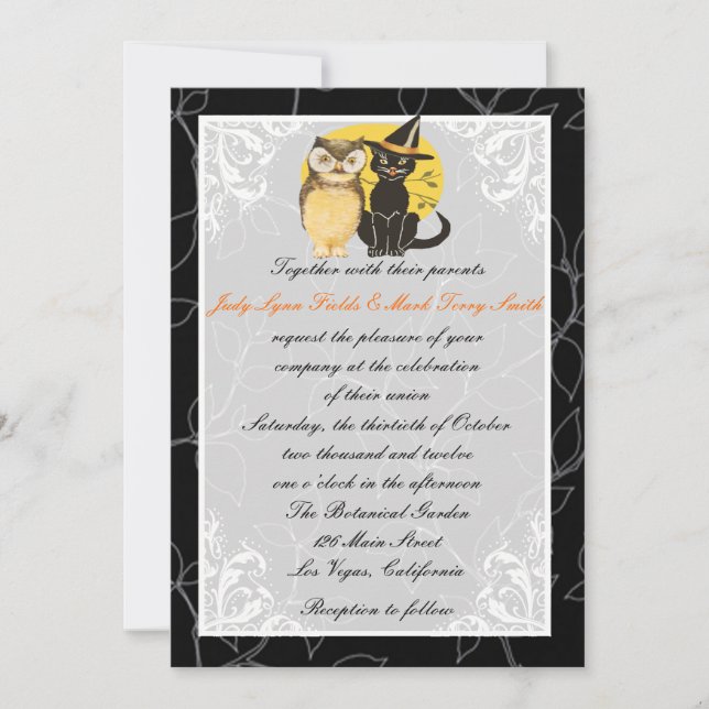 Faire-part de mariage d'Halloween Chat & Chouette (Devant)