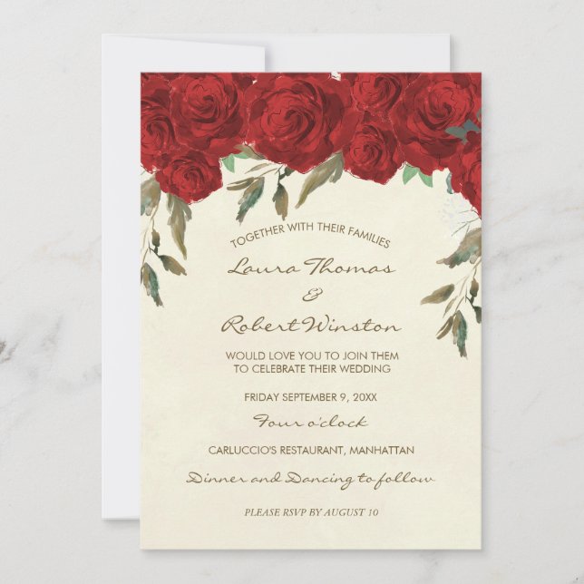 faire-part de mariage d'ivoire fleuri aux roses ro (Devant)