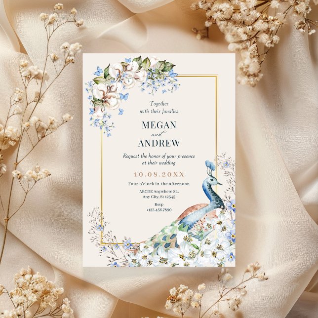 Faire-part de mariage d'oiseau de paon bleu floral (Créateur téléchargé)
